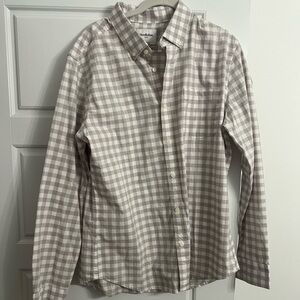 NWOT good fellow grey tan white plaid poplin button up. Size large. Slim.